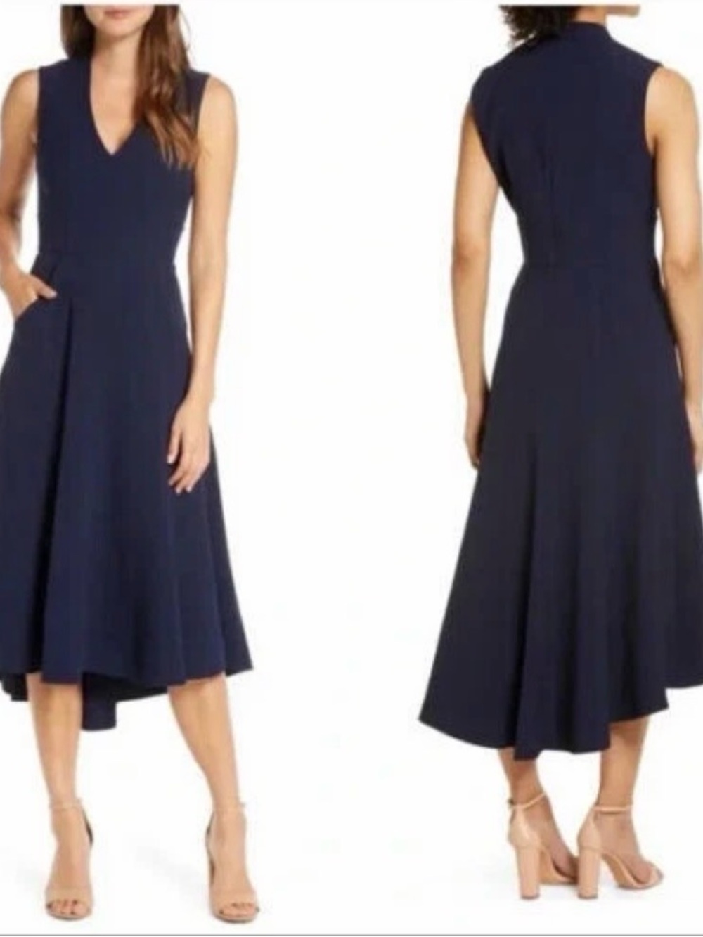 Eliza J Sleeveless V-Neck High-Low Midi Dress Navy Fit & Flare Dress Pockets 12